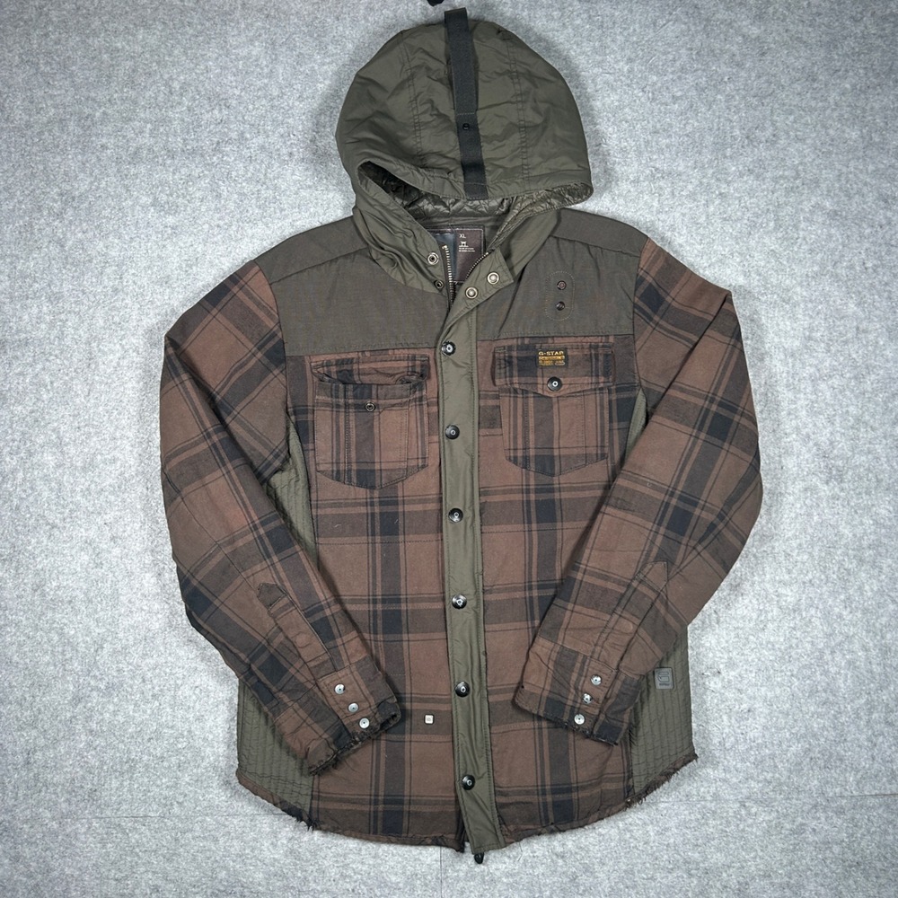 G-Star Copeland Quilted Hooded Overshirt Men‎ XL Brown Plaid Workwear Gorpcore